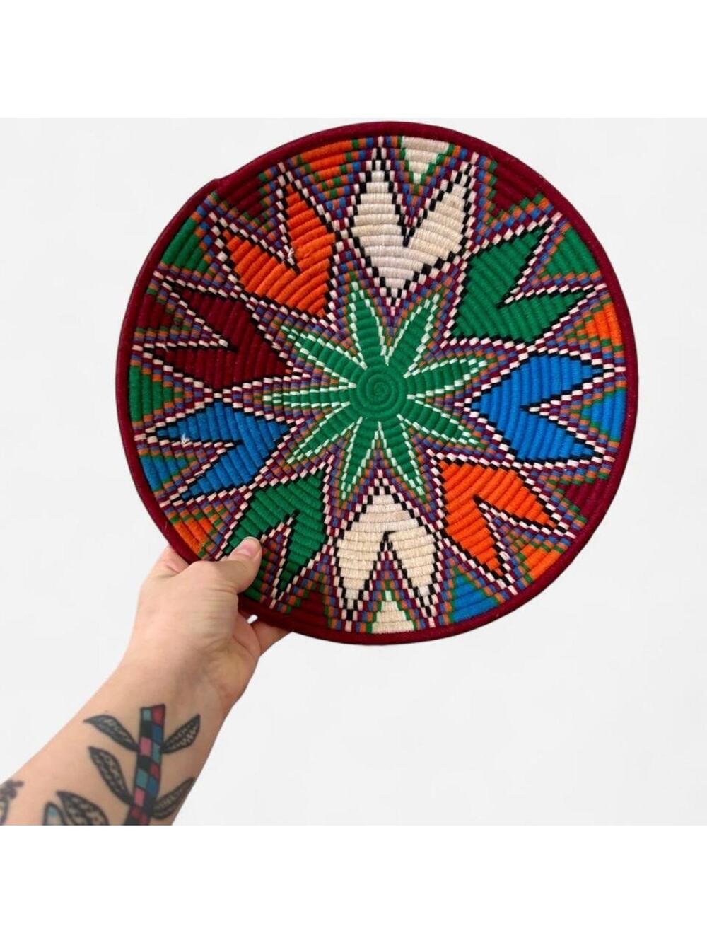 Vintage Hand Woven Colorful African Coiled Basket w/ Wall Hanging Loop 12"